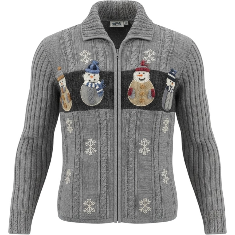 Storybook Knits Whimsical Snowmen Gray Cable Knit Zip Up Cardigan Sweater 3X